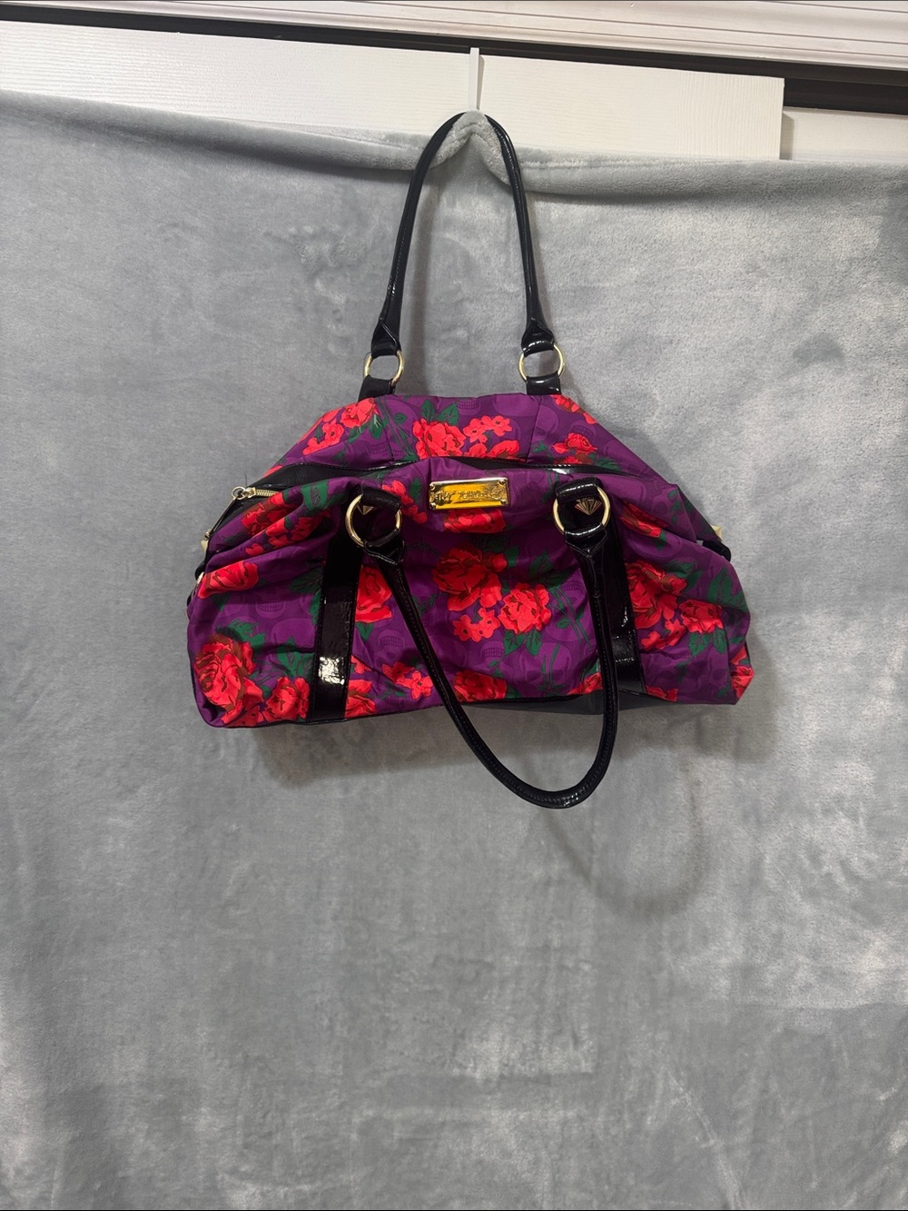 Betsey Johnson Red Floral and Purple Skulls Shoulder Bag or overnight bag